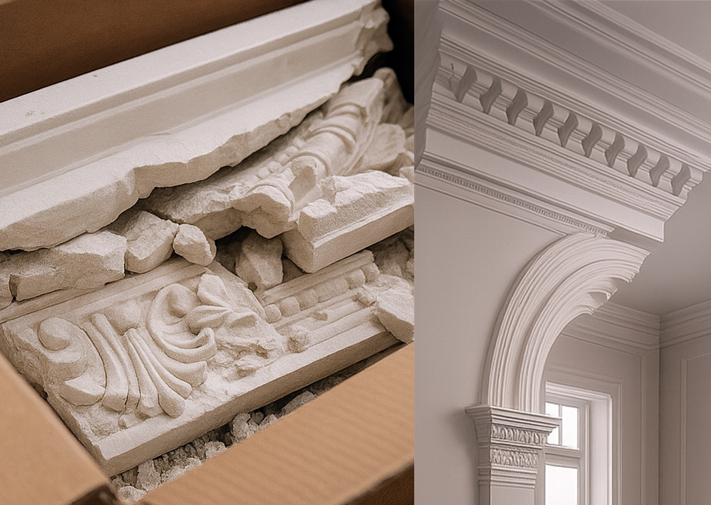 Porównanie uszkodzonej sztukaterii i prawidłowych proporcji detalu